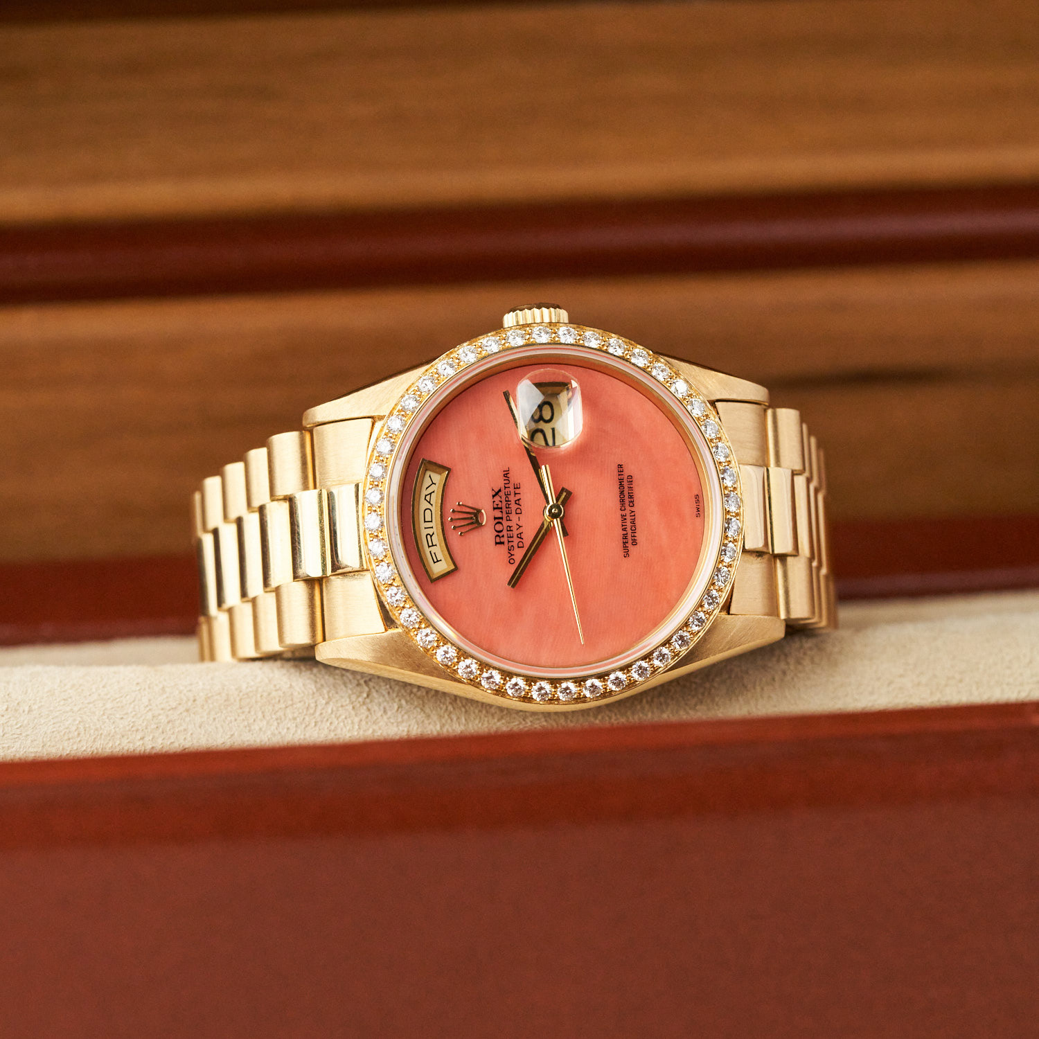 Rolex Day Date 18348 18K Yellow Gold Coral Dial Full Set